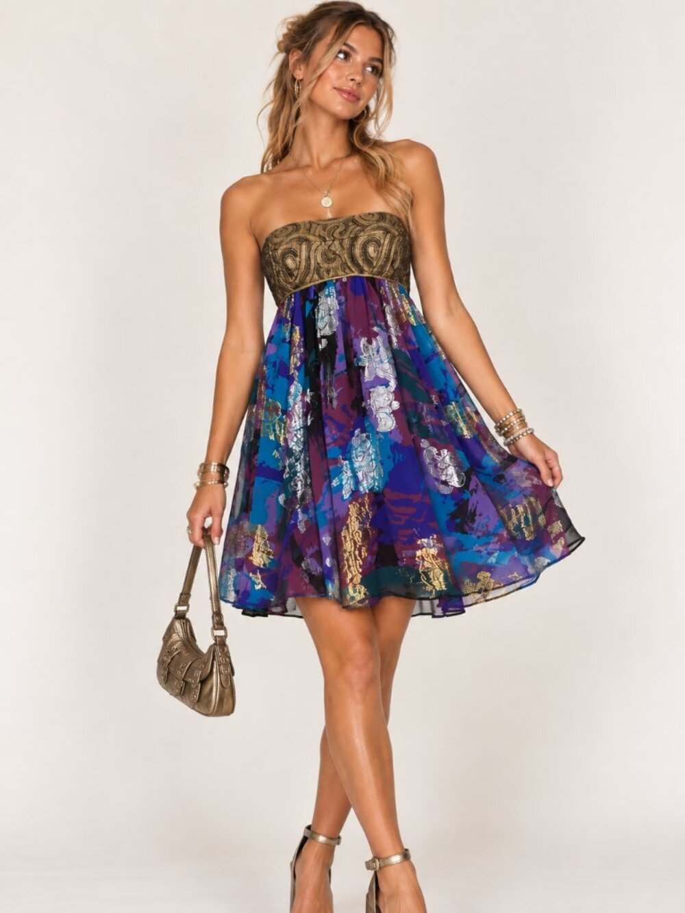 Vintage Y2K Nicole Miller Strapless Mini Dress Babydoll Silk Flowy Boho Artsy
